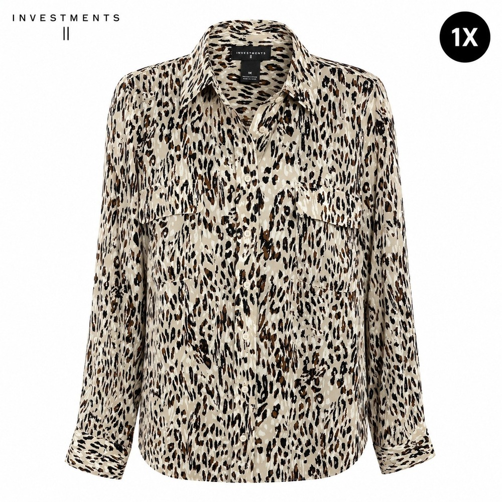 Investments Blouse Womens Plus 1X Tan Leopard Animal Print Button Up Office Chic